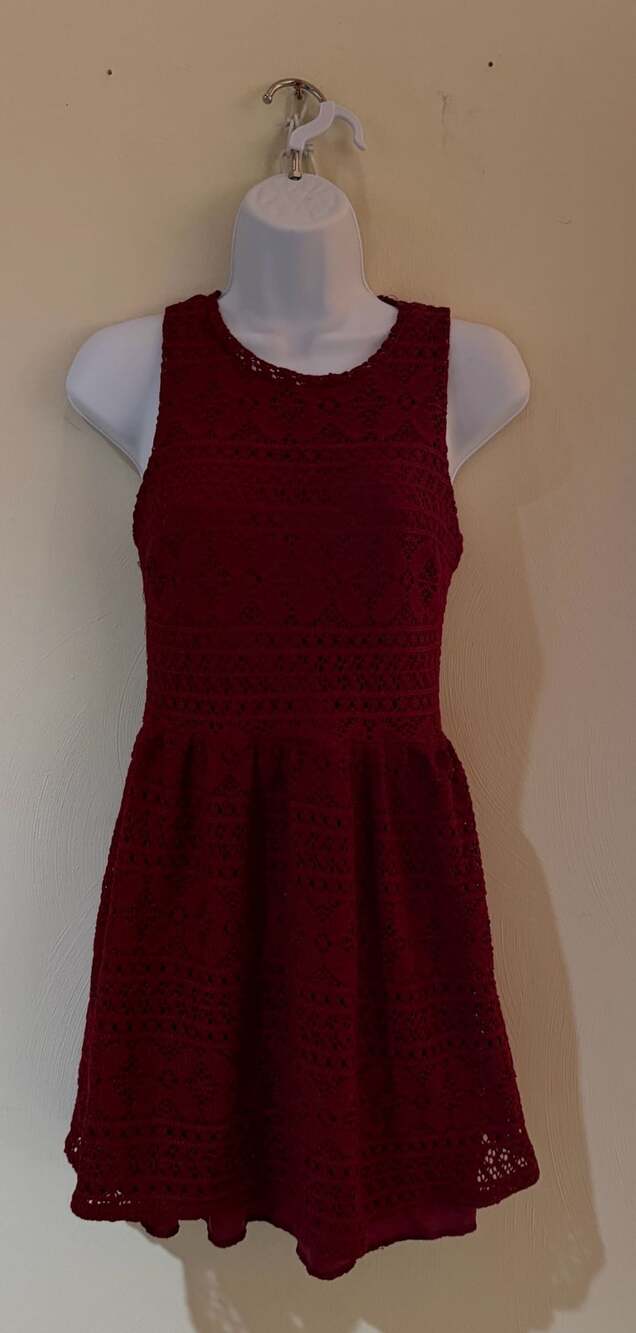 The Impeccable Pig Women’s Small Burgundy Crochet Lace Fit Flare Dress USA